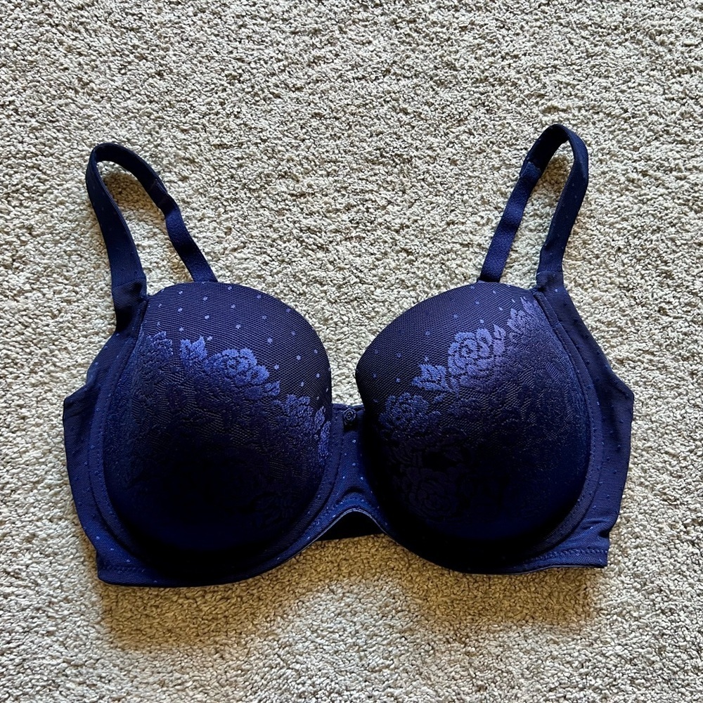 SOMA Size 32DDD Stunning Support Full Coverage Underwire Bra Navy Swiss Dot Lace